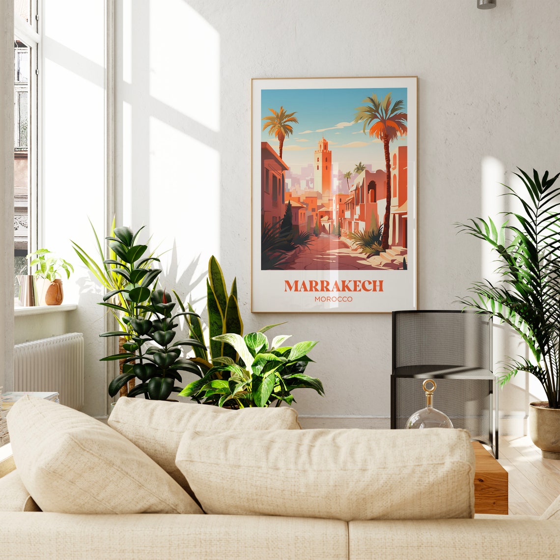Marrakech Morocco Pink Street Minaret Palm Trees Travel Poster - Image 2