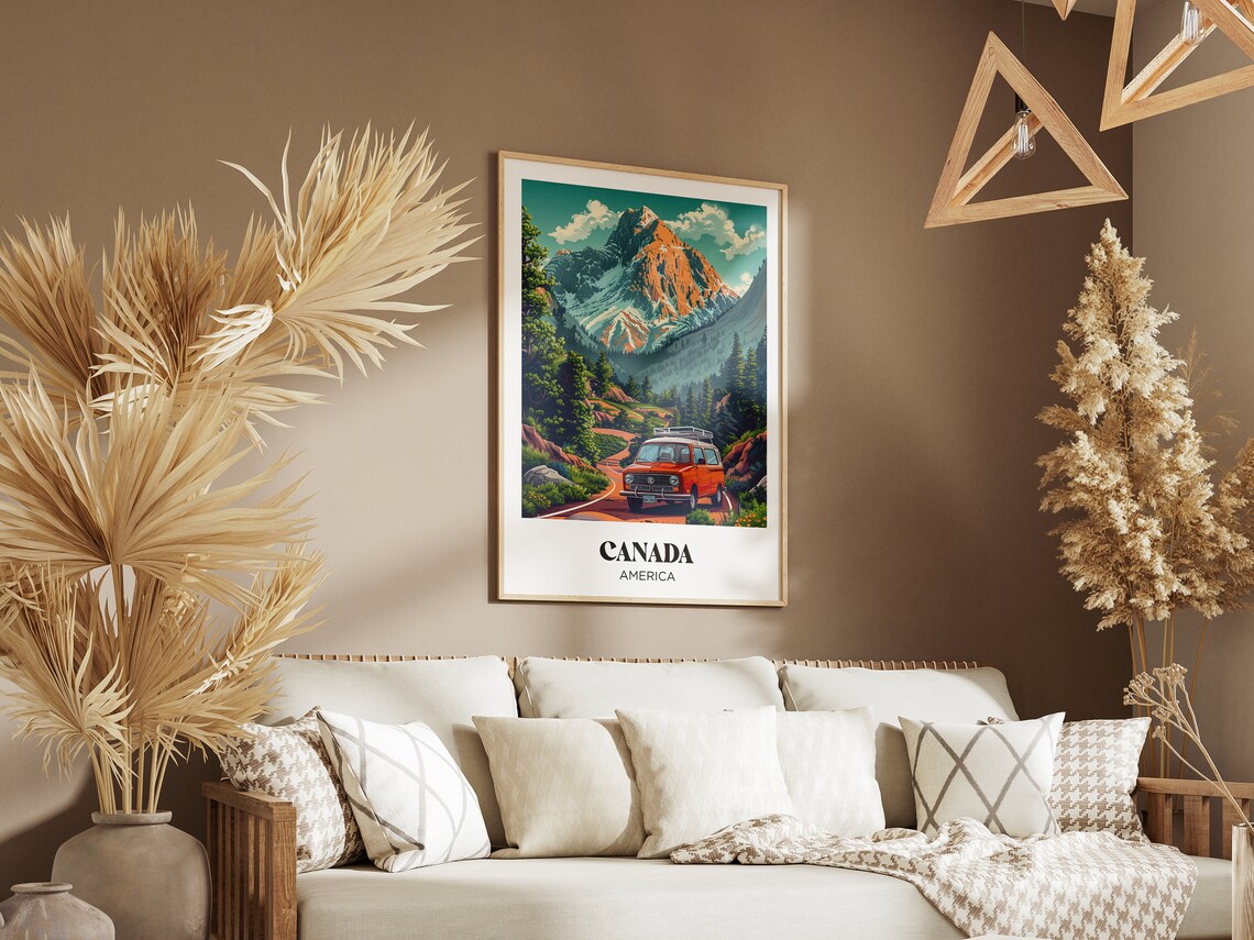 Canada Vintage Camper Van Mountain Road Snowy Peak Travel Poster - Image 2