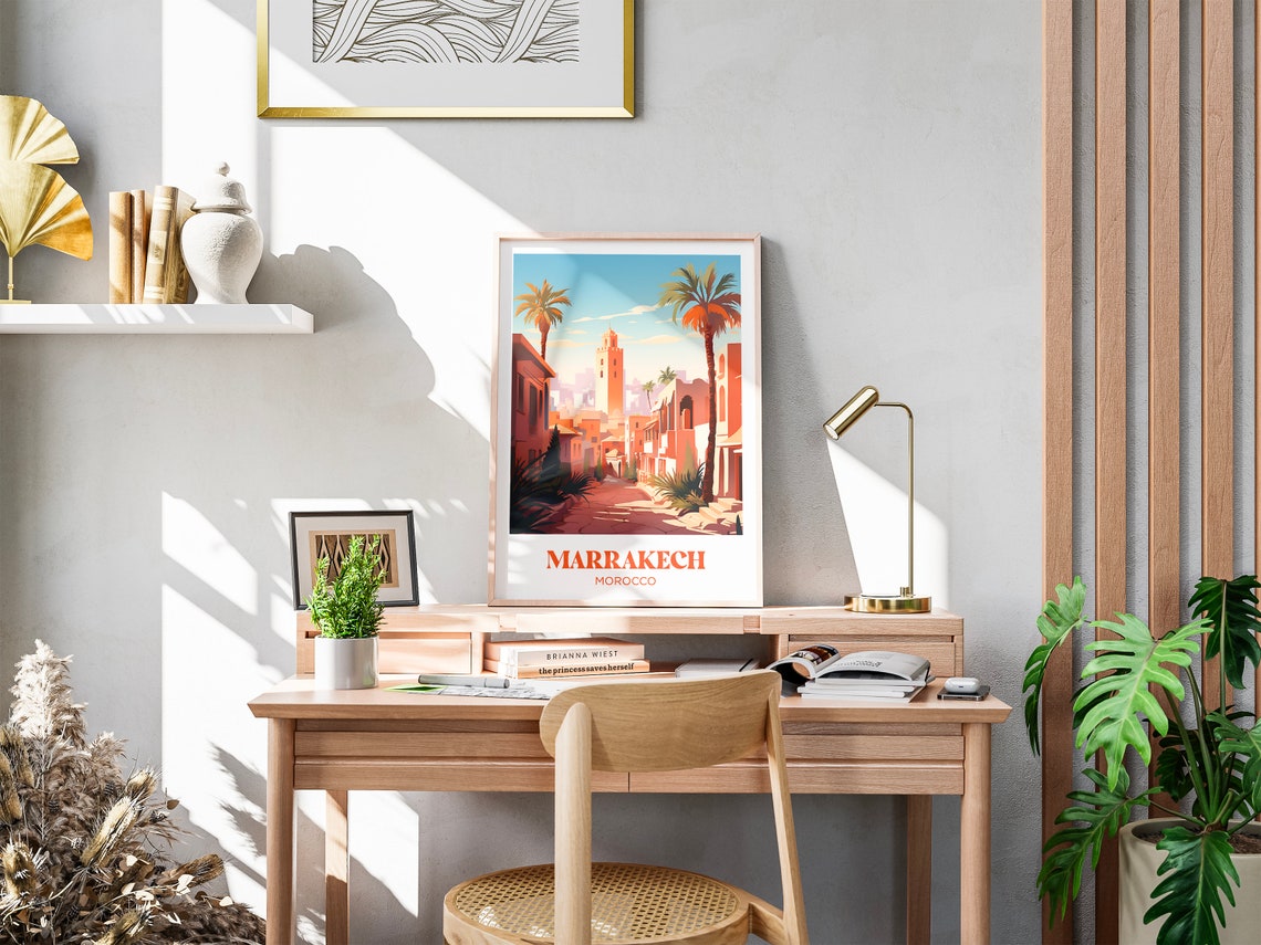 Marrakech Morocco Pink Street Minaret Palm Trees Travel Poster - Image 3