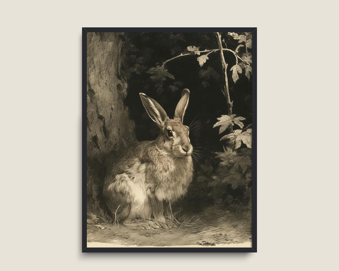 Vintage Hare Rabbit Sepia Etching Woodland Animal Painting Antique Bunny Poster - Image 3