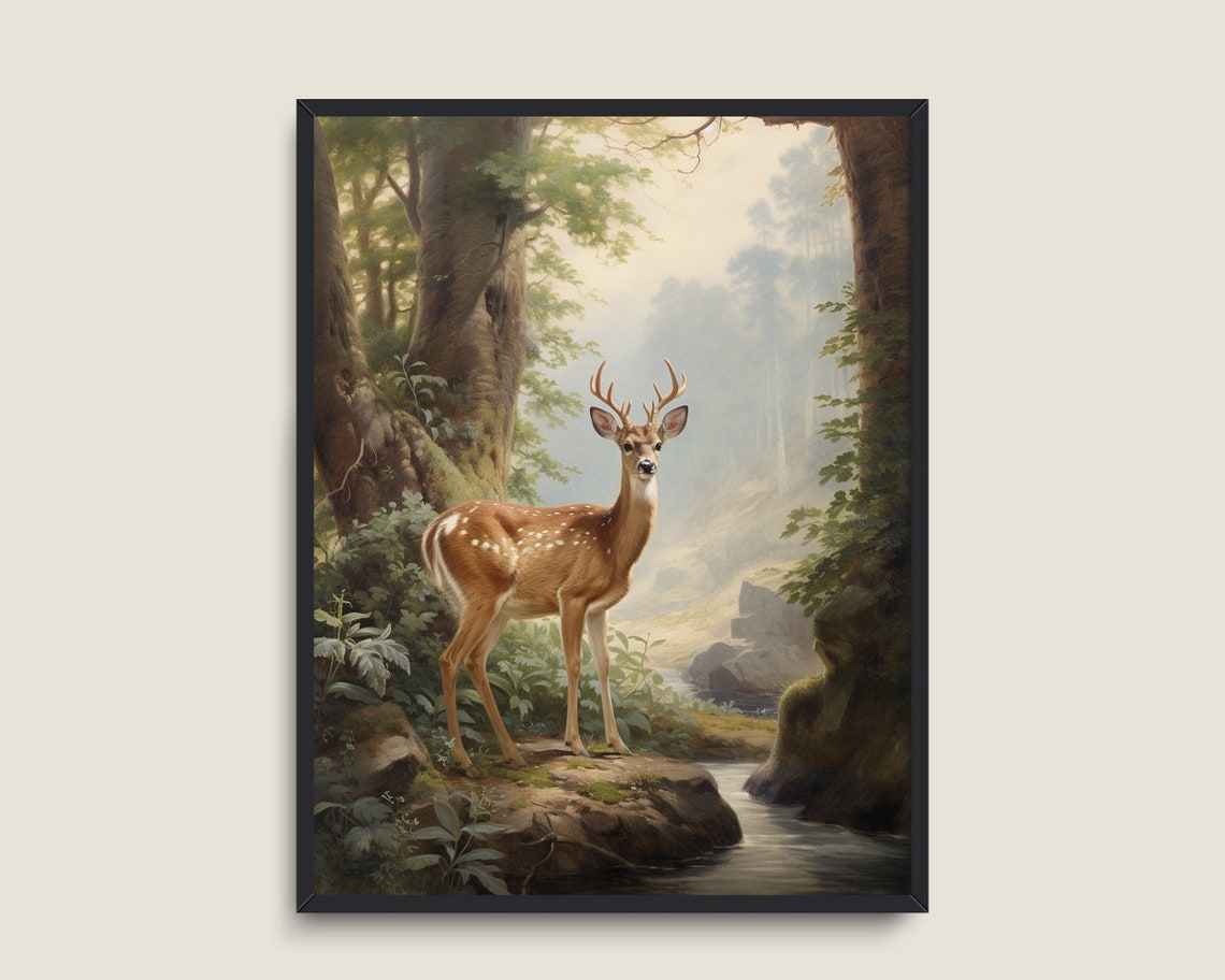 White Tailed Buck by Forest Stream Vintage Style Deer Wall Art Print - Image 3
