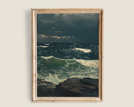 Seascape Vintage Art Dark Coastal Decor Moody Landscape Print Wall Art Dark Nature Painting