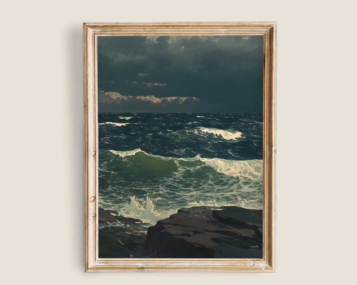 Dark Moody Seascape Storm Waves Rocky Coast Vintage Ocean Wall Art