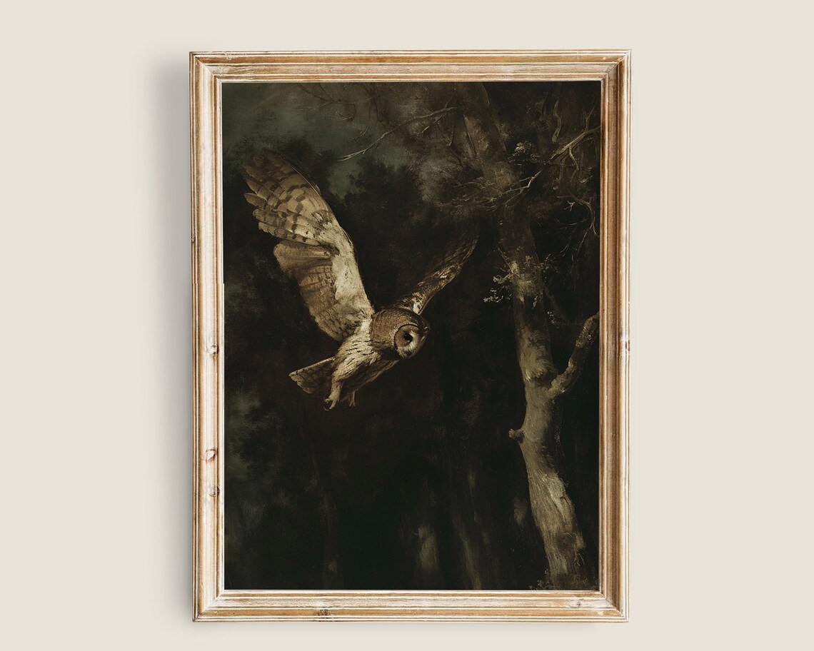 Owl Flying Through Dark Night Forest Moody Wildlife Painting Poster
