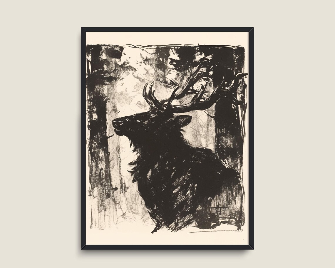 Stag Forest Dark Ink Sketch Expressionist Wildlife Monochrome Art Poster - Image 2