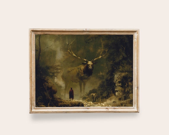 Dark Cottagecore Decor Gothic Wall Art Guardian Of The Forest Art Vintage Dark Moody Fantasy Vintage Elk Deer