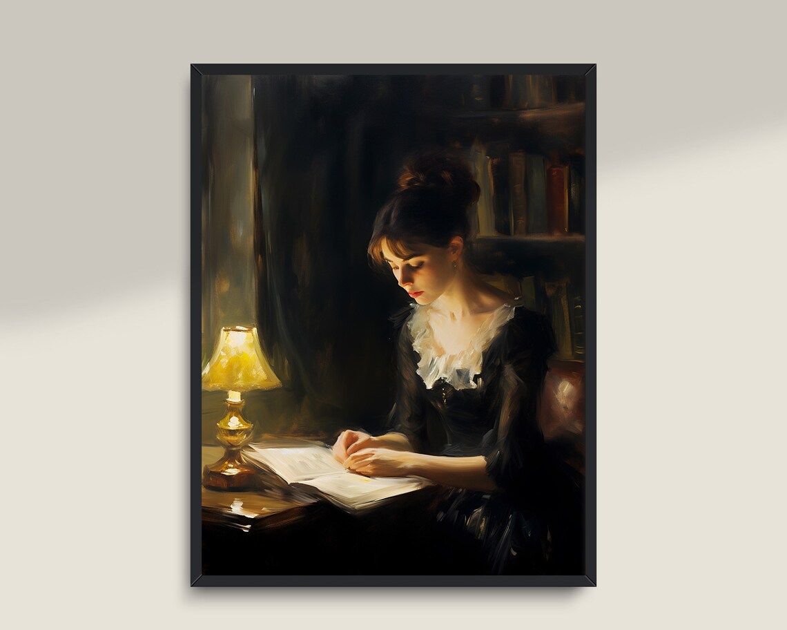 Woman Reading Vintage Books, Dark Academia Art Print - Image 3