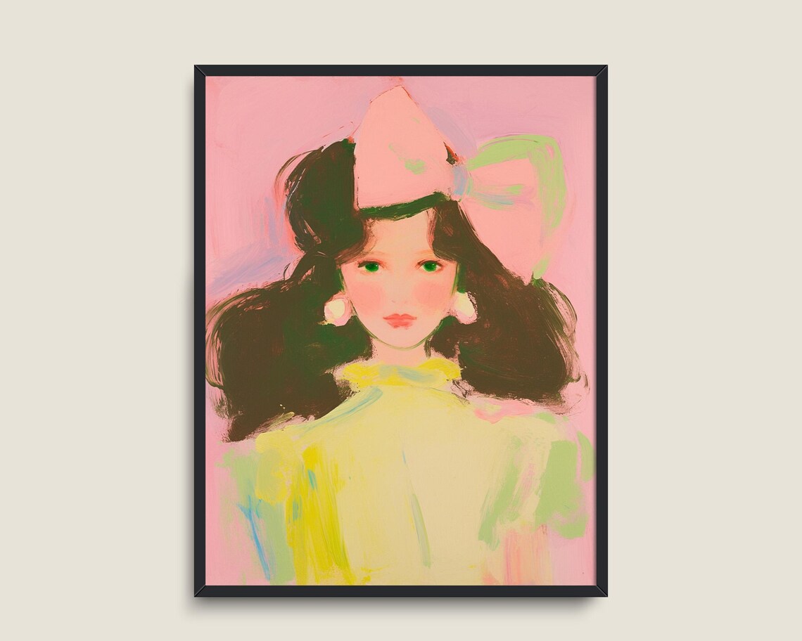 Pink Bow Girl Portrait Coquette Pastel Painting Dreamy Vintage Wall Art Poster - Image 3