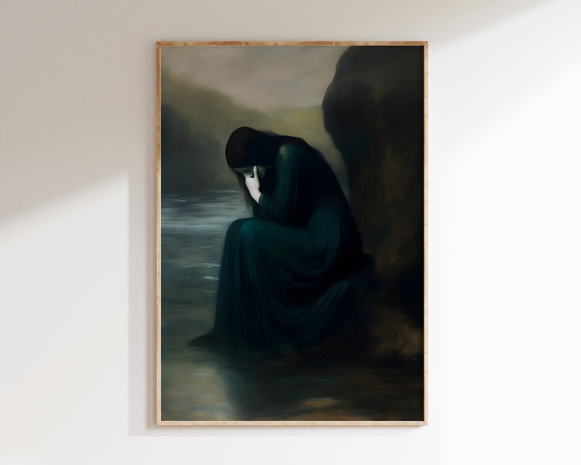 Woman Night Lake Teal Dress Melancholy Gothic Dark Romantic Wall Art - Image 2