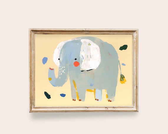Cute Pastel Blue Elephant Kids Painting Nursery Animal Art Poster