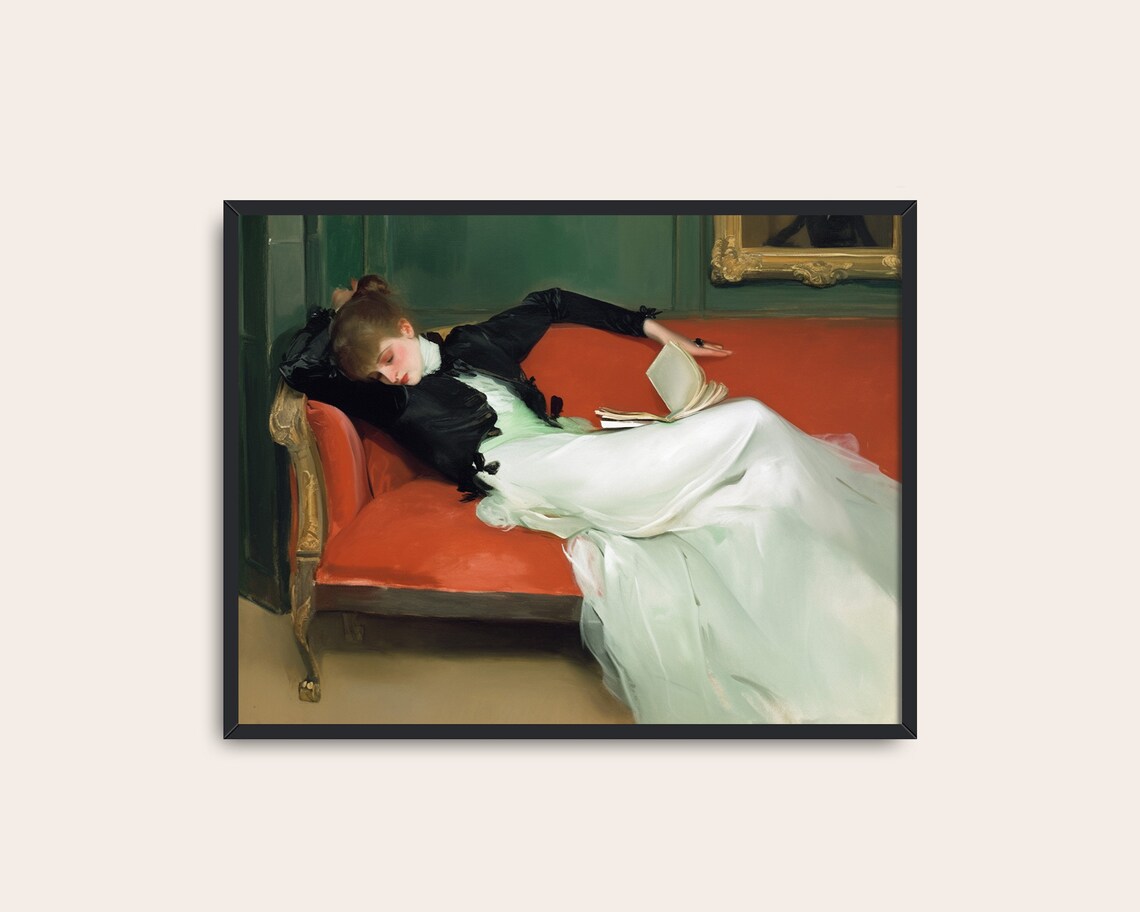 Victorian Woman Reading Book Red Chaise Antique Portrait Poster - Image 3
