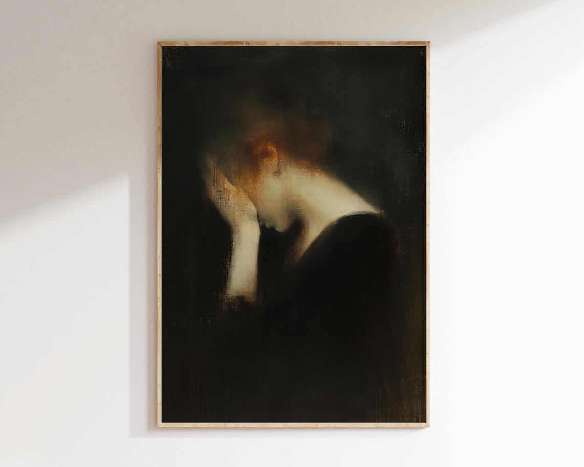 Dark Moody Woman Portrait Red Hair Bowed Head Dark Academia Art Poster