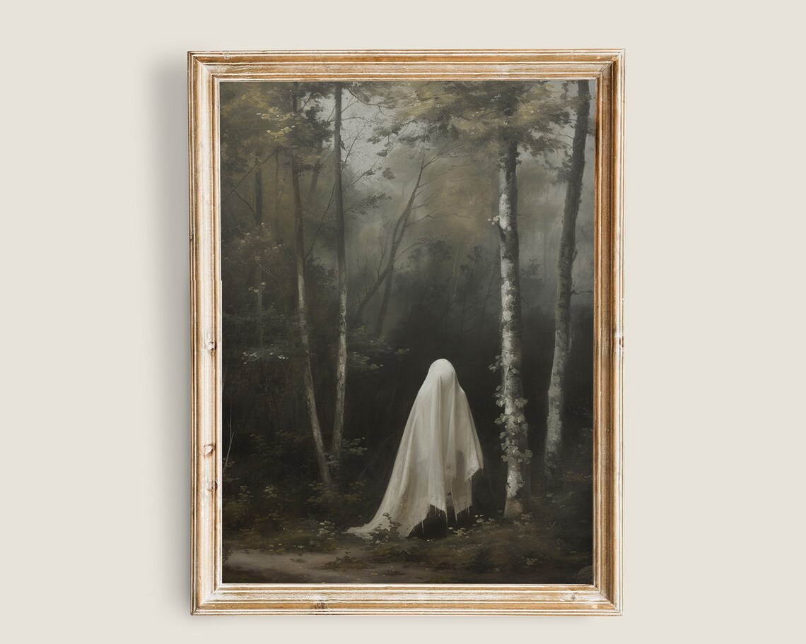 Ghost in Misty Forest Spooky Vintage Halloween Goth Art Poster