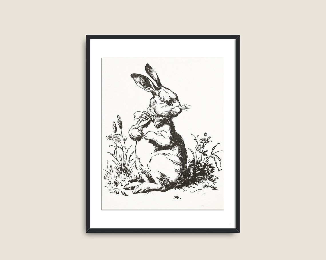 Bunny Bow Vintage Black Engraving Antique Rabbit Botanical Farmhouse Wall Art - Image 2