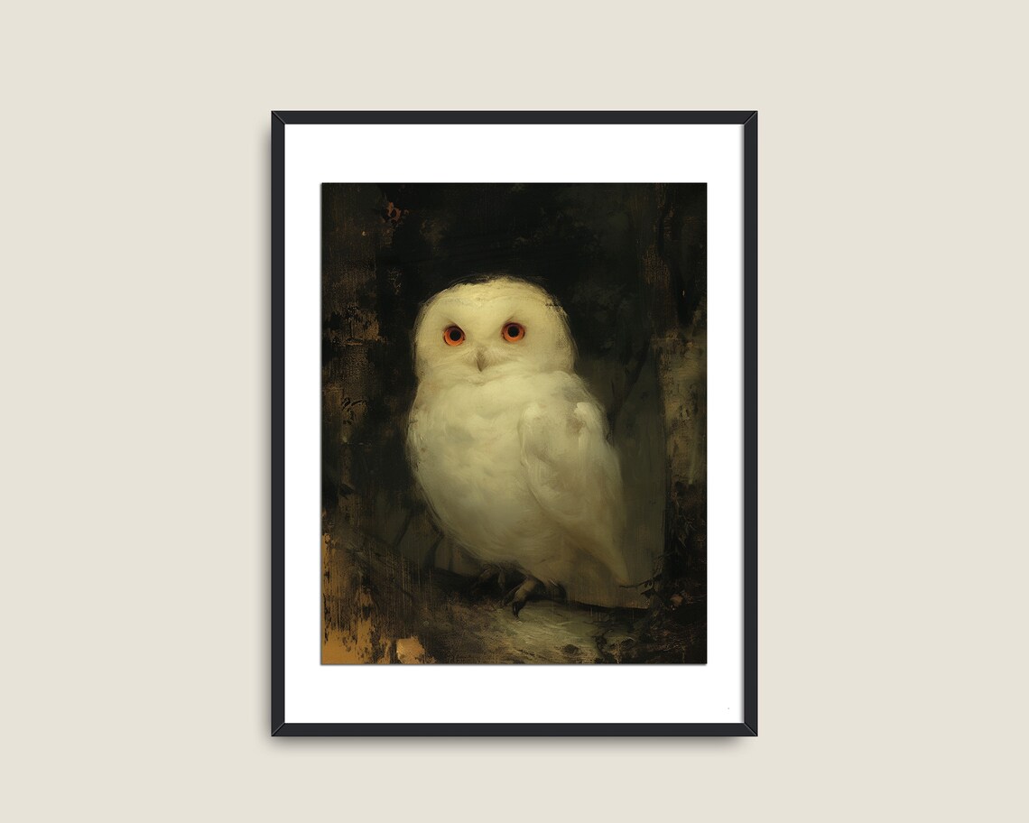 White Owl Orange Eyes Dark Moody Vintage Wildlife Portrait Print - Image 2