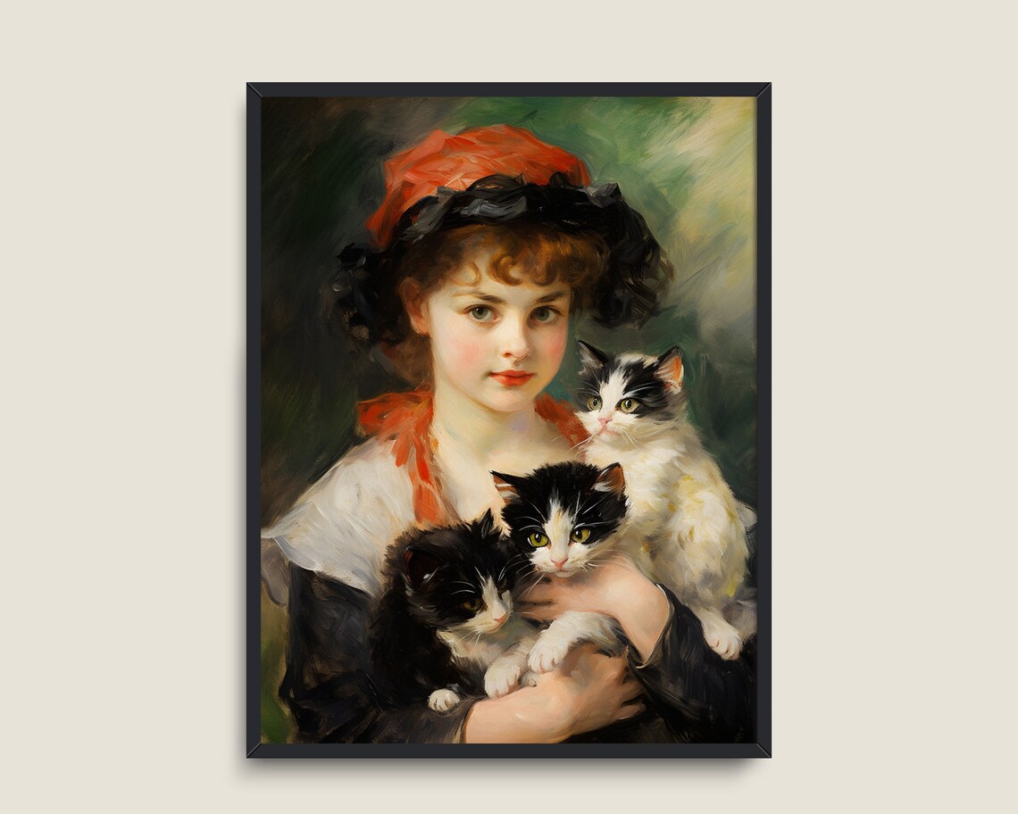 Girl Holding Three Kittens Vintage Portrait Antique Cat Painting Poster - Image 3