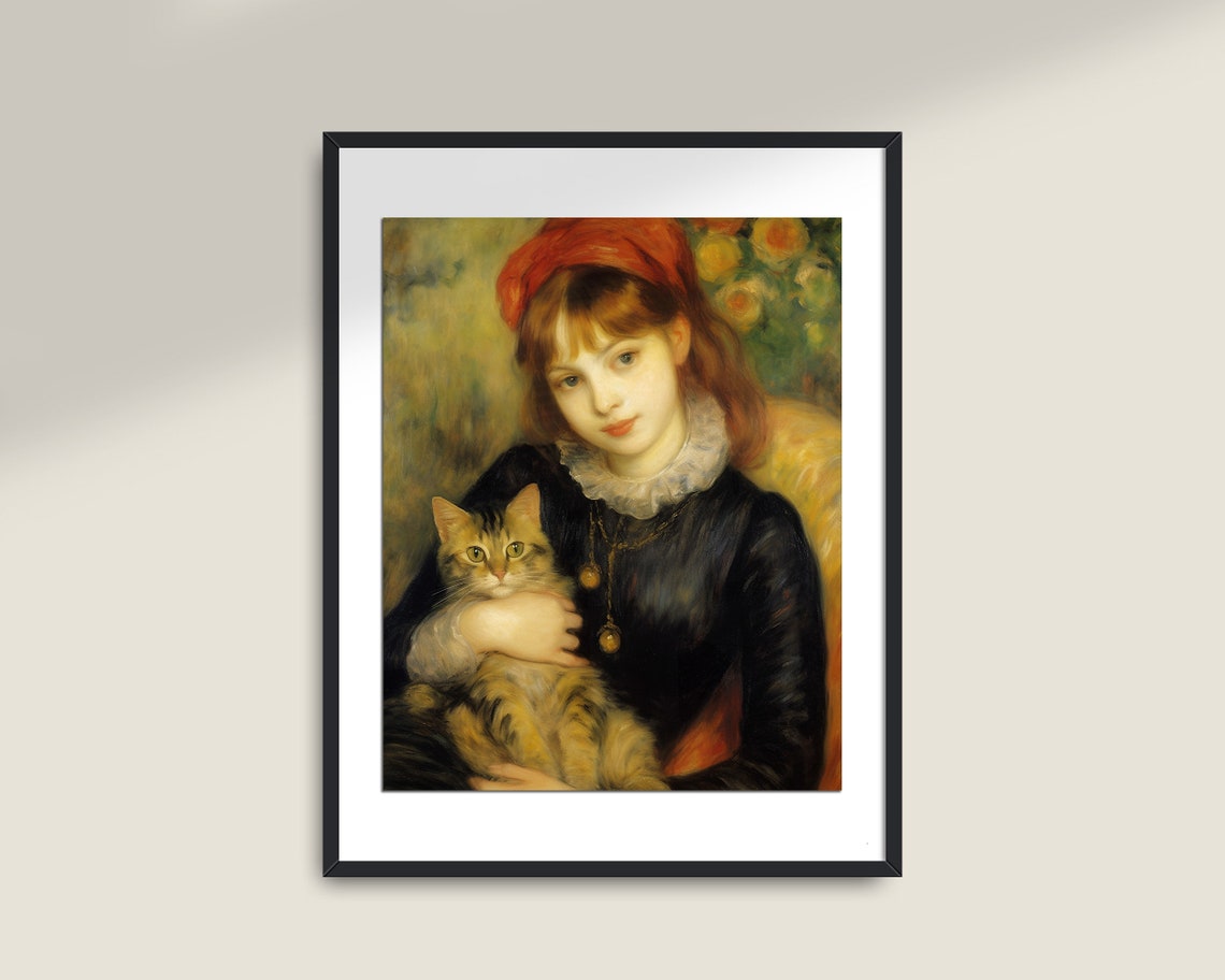 Woman With Cat Vintage Painting Light Academia Decor Antique Print Cat Wall Art Wall Art Woman Portrait Oil Painting - Image 2