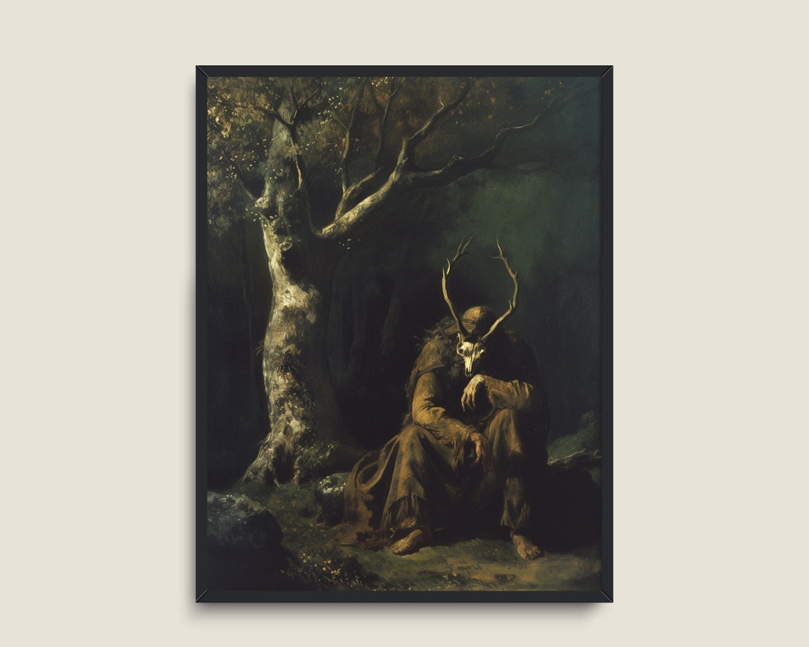 Horned Forest Guardian Sitting Under Ancient Tree Dark Fantasy Poster - Image 3