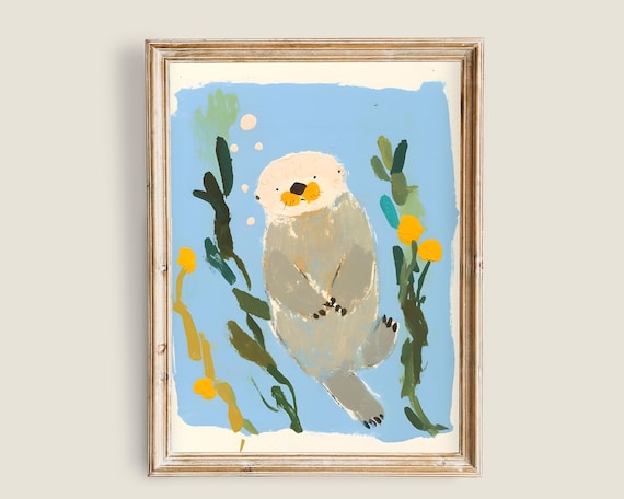 Cute Sea Otter Floating Kelp Kids Illustration Nursery Wall Art Poster