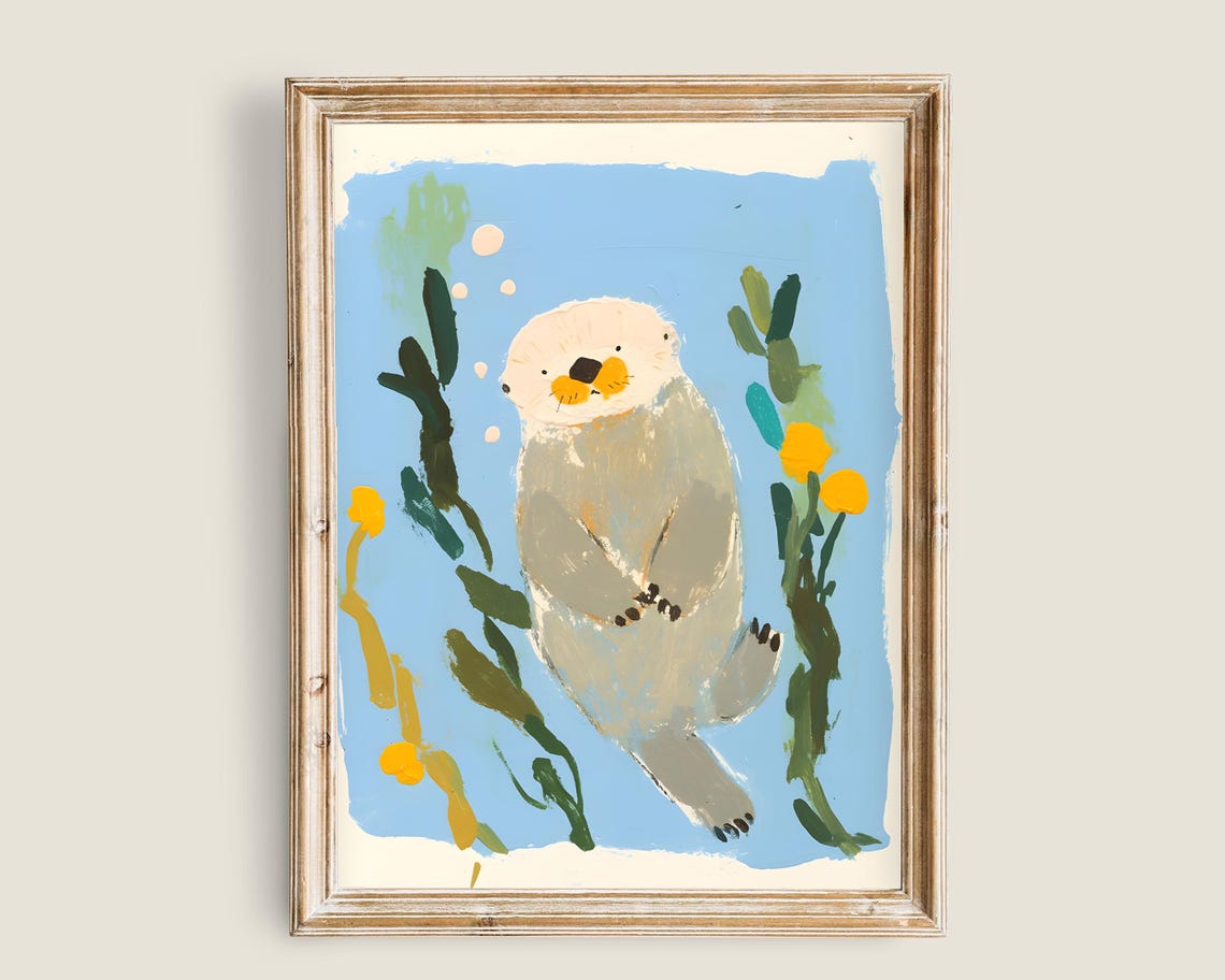 Cute Sea Otter Floating Kelp Kids Illustration Nursery Wall Art Poster