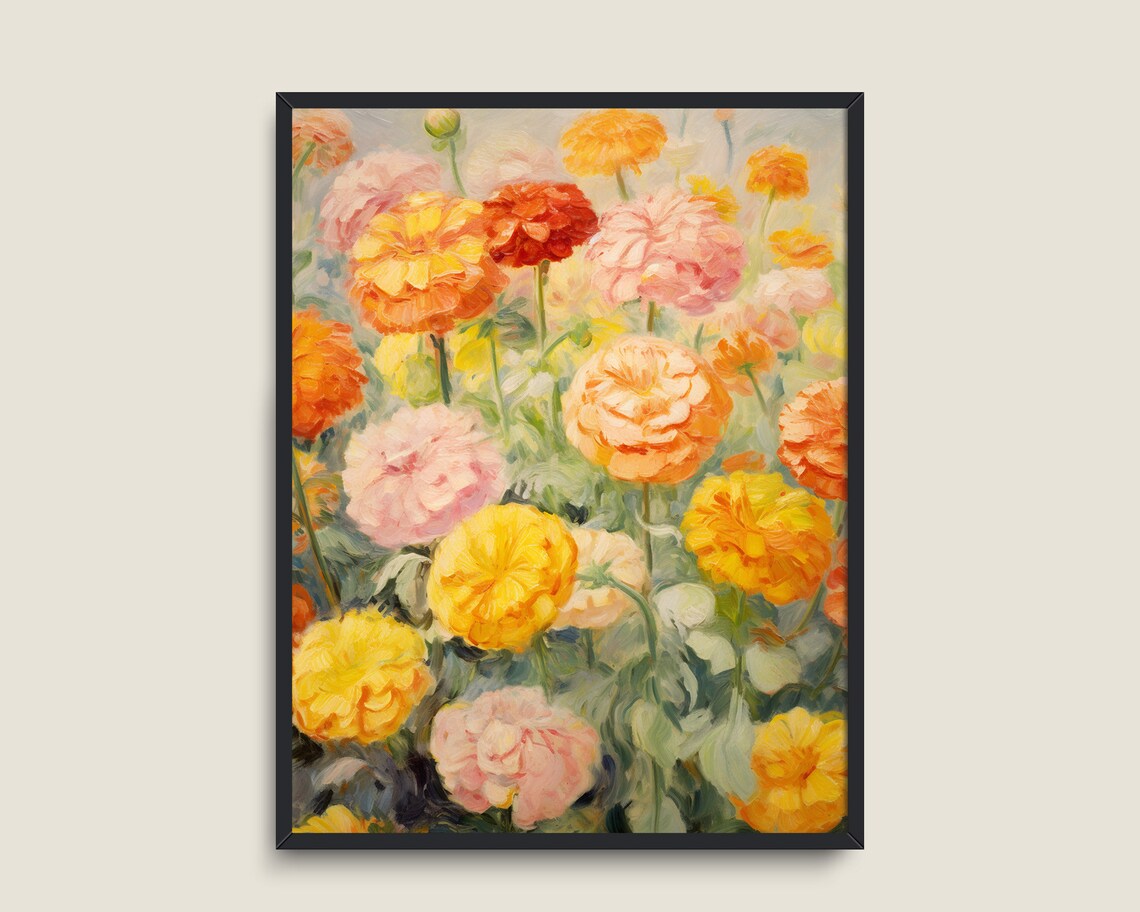 Marigold Flower Field Impressionist Vintage Floral Garden Wall Art - Image 3