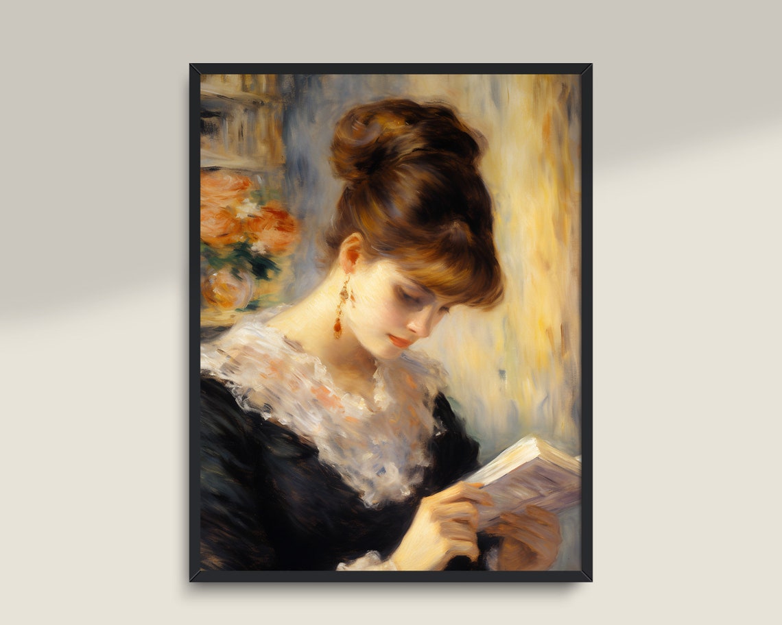 Woman Reading Book Lace Collar Impressionist Vintage Portrait Wall Art - Image 3
