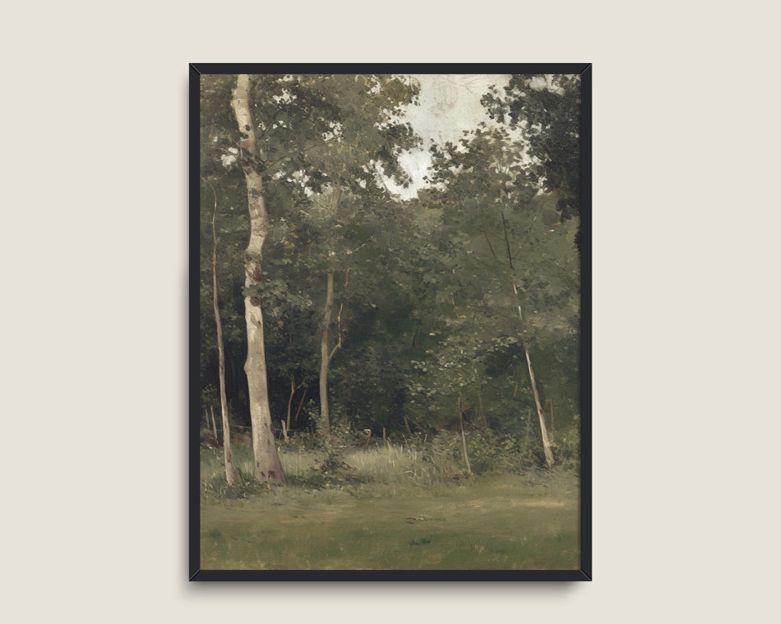 Forest Glade Birch Trees Moody Green Vintage Landscape Wall Art Poster - Image 3