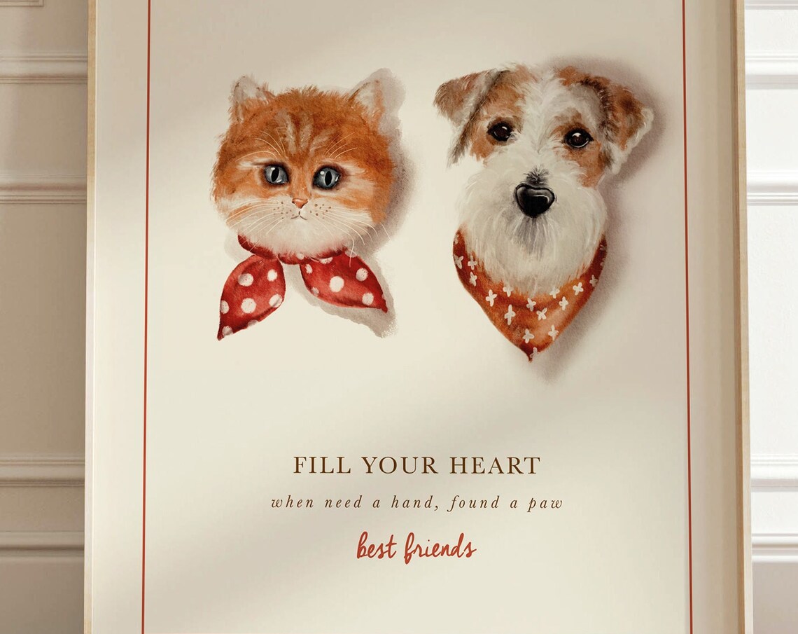 Dog And Cat Watercolor Poster, Friendship Portrait