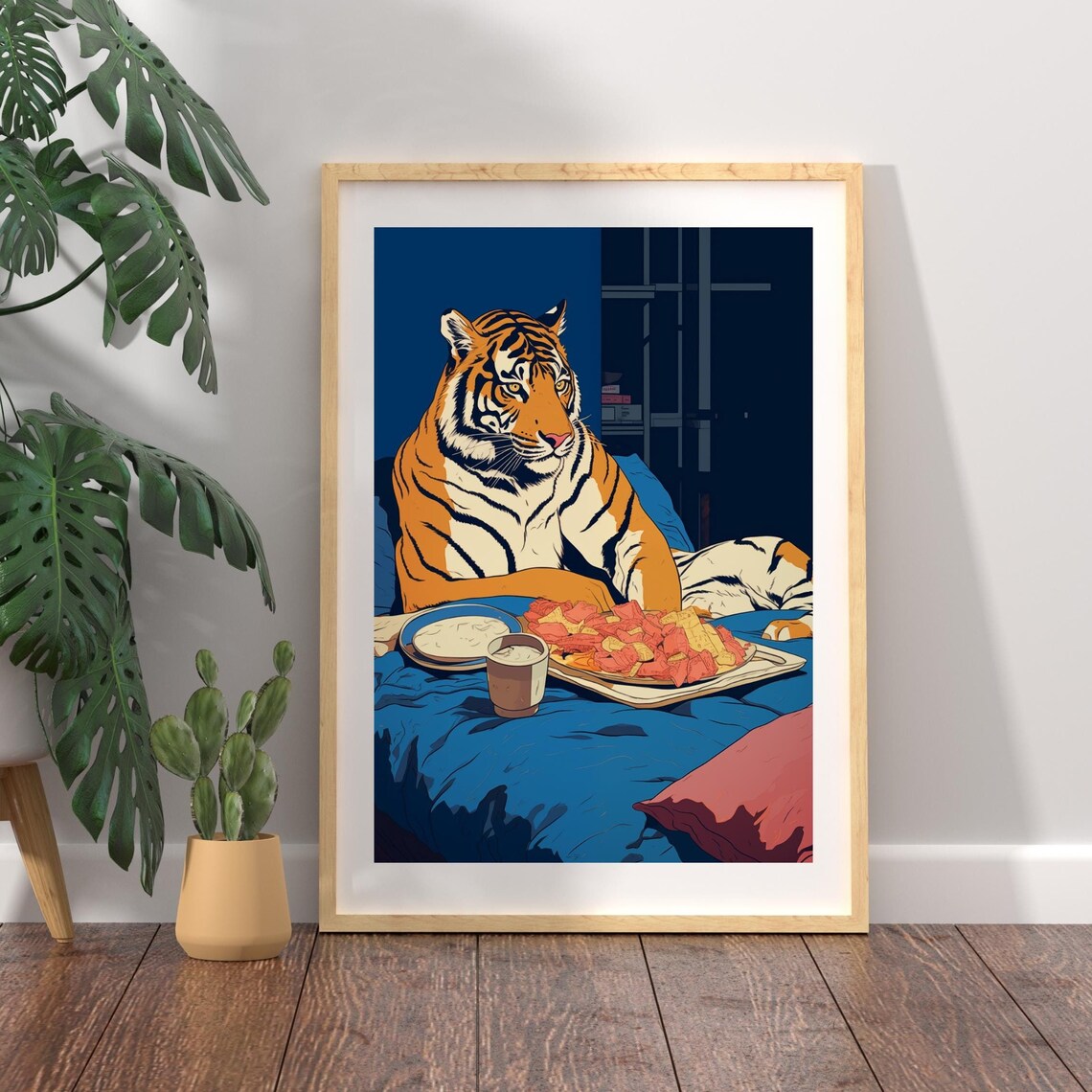 Tiger Eating Nachos in Bed on a Cozy Late Night Movie Poster