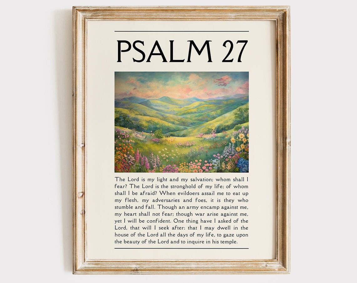 Psalm 27 Full Verse Painted Flower Meadow Hills Landscape Poster