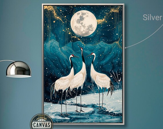 Three Cranes Full Moon Teal Night Sky Snowy Water Japanese Bird Art Poster