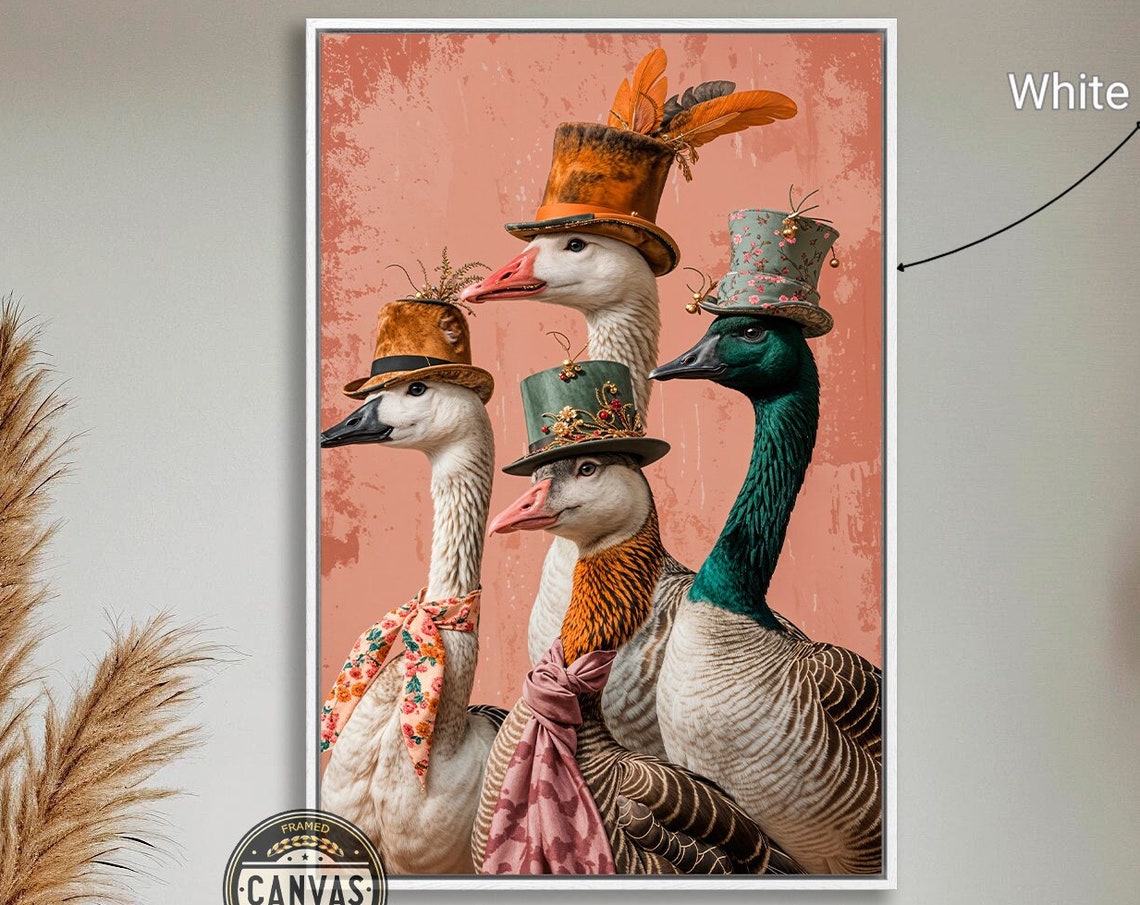 Four Funny Geese In Vintage Hats Quirky Anthropomorphic Art Print - Image 4