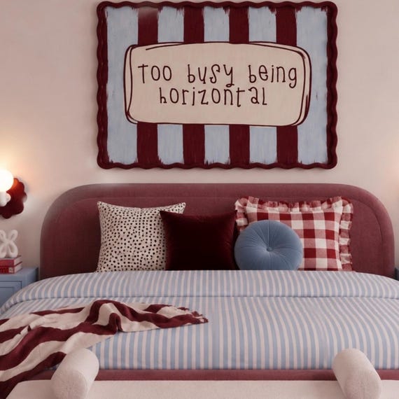 Too Busy Being Horizontal Funny Bed Print Above Wall Art Hand Drawn Textured Bedroom Poster Retro Blue Striped Stay In
