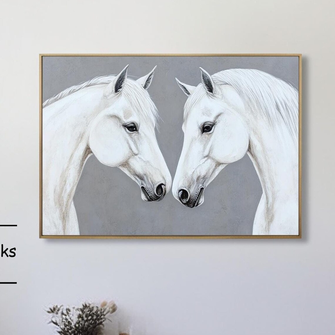 Two White Horses Nuzzling Gray Background Animal Art Wall Poster