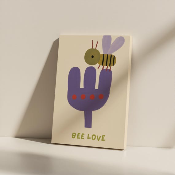 Bee Flower Canvas Print Minimalist Nursery Wall Art