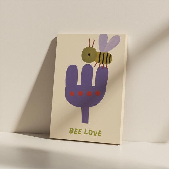 Pastel Bee Love Minimalist Nursery Flower Illustration Poster