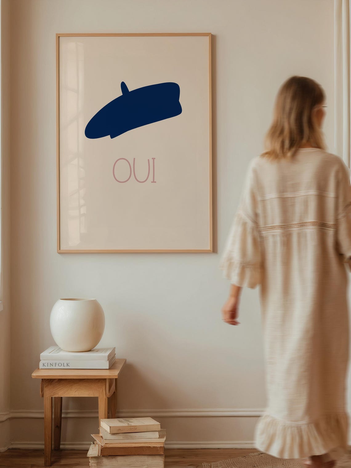 Oui French Beret Navy Blue Minimalist Parisian Typography Art Poster