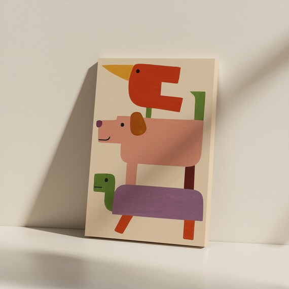 Geometric Bird Dog Turtle Stacked Animals Modern Kids Art Poster