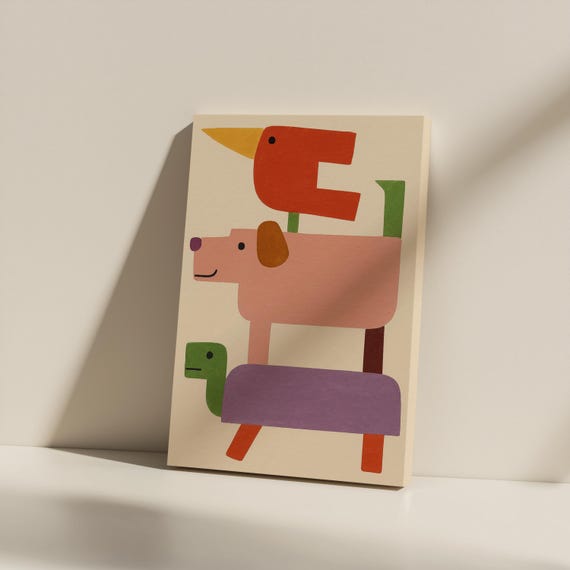 Stacked Animal Friends Canvas Print Whimsical Nursery Wall Art