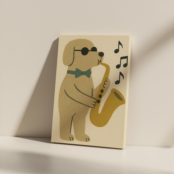 Dog Playing Saxophone Print Funny Jazz Kids Room Music Nursery Decor