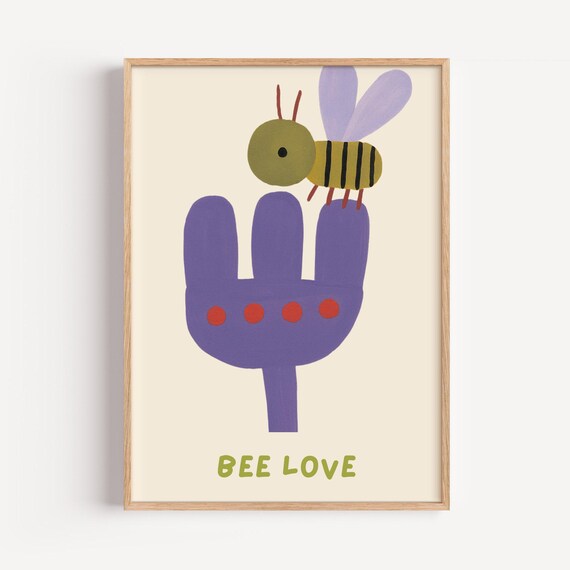 Bee Love Cute Cartoon Bee Purple Flower Nursery Decor Wall Art