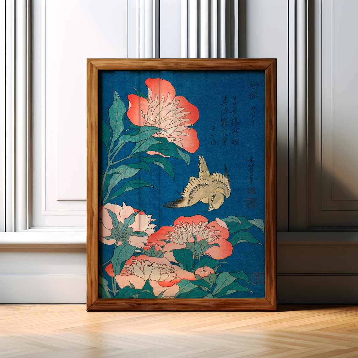 Japanese Woodblock Peony Flowers with Bird Vintage Art Poster
