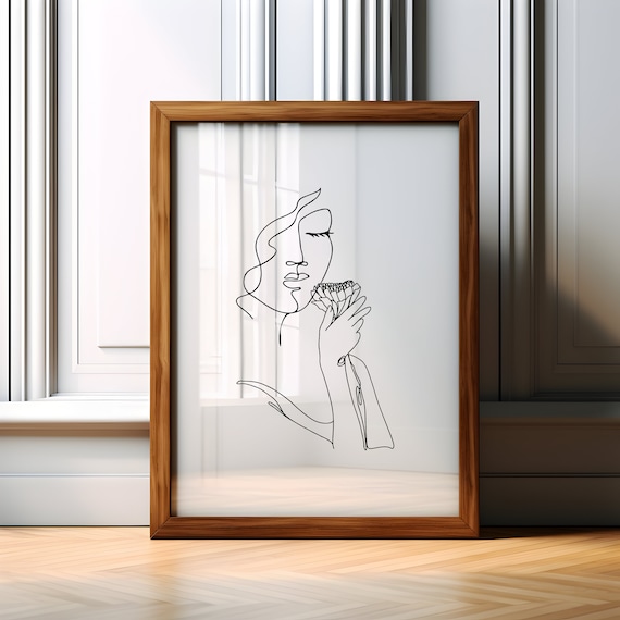Woman Holding Flower Minimalist One Line Drawing Portrait Print