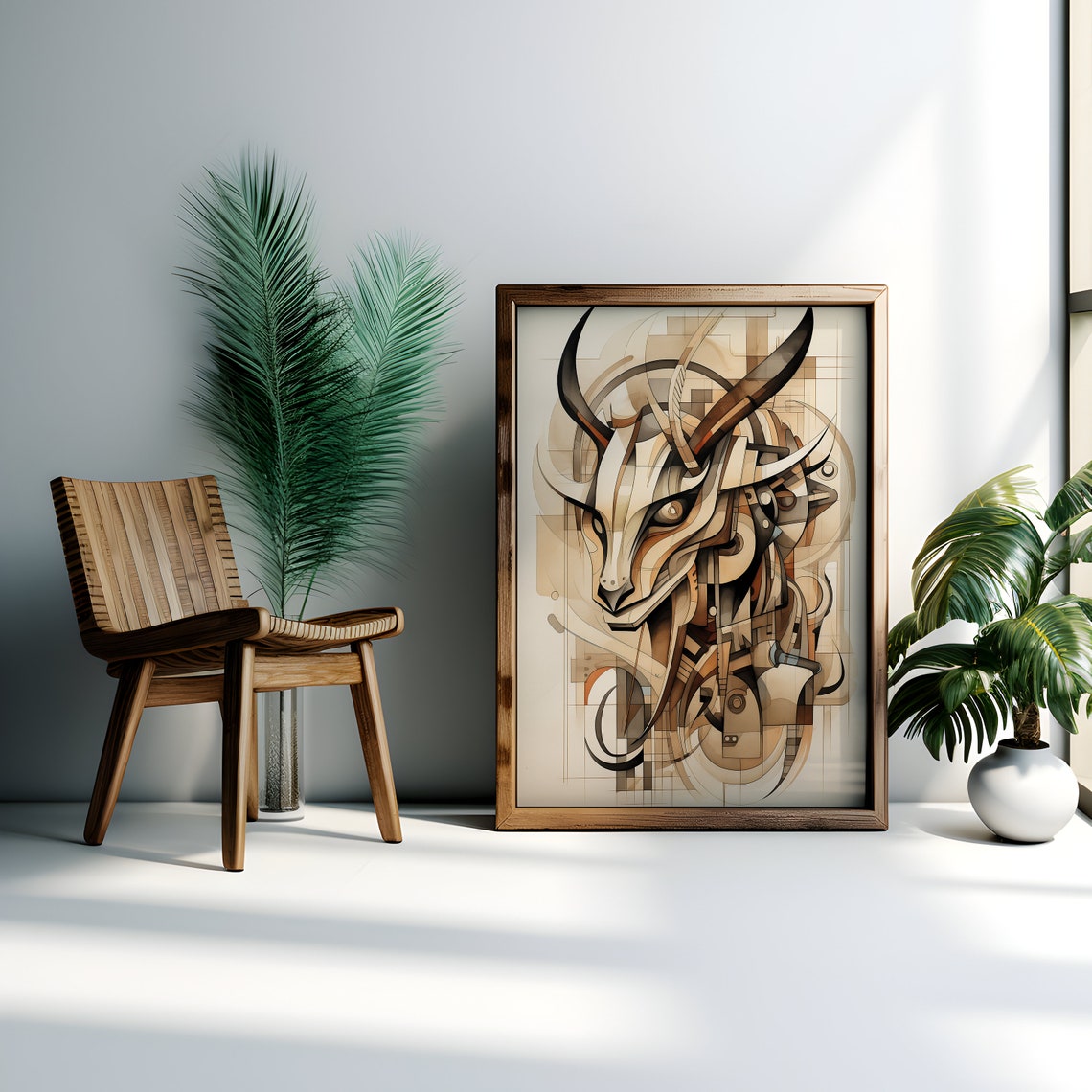 Geometric Ibex Head Portrait Abstract Bronze Art Style Poster