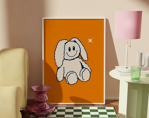 Rabbit Doll Print Cute Orange Bunny Poster Nursery Wall Art Prints Baby Animal Wall Decor Orange Beige Positive Art Print