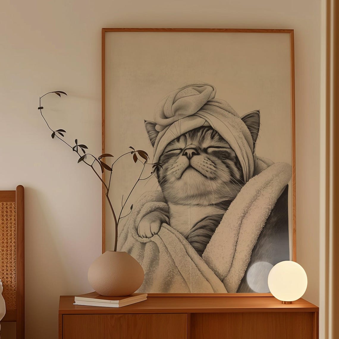 Sleepy Spa Cat Wrapped In Towel Closeup Neutral Sketch Poster