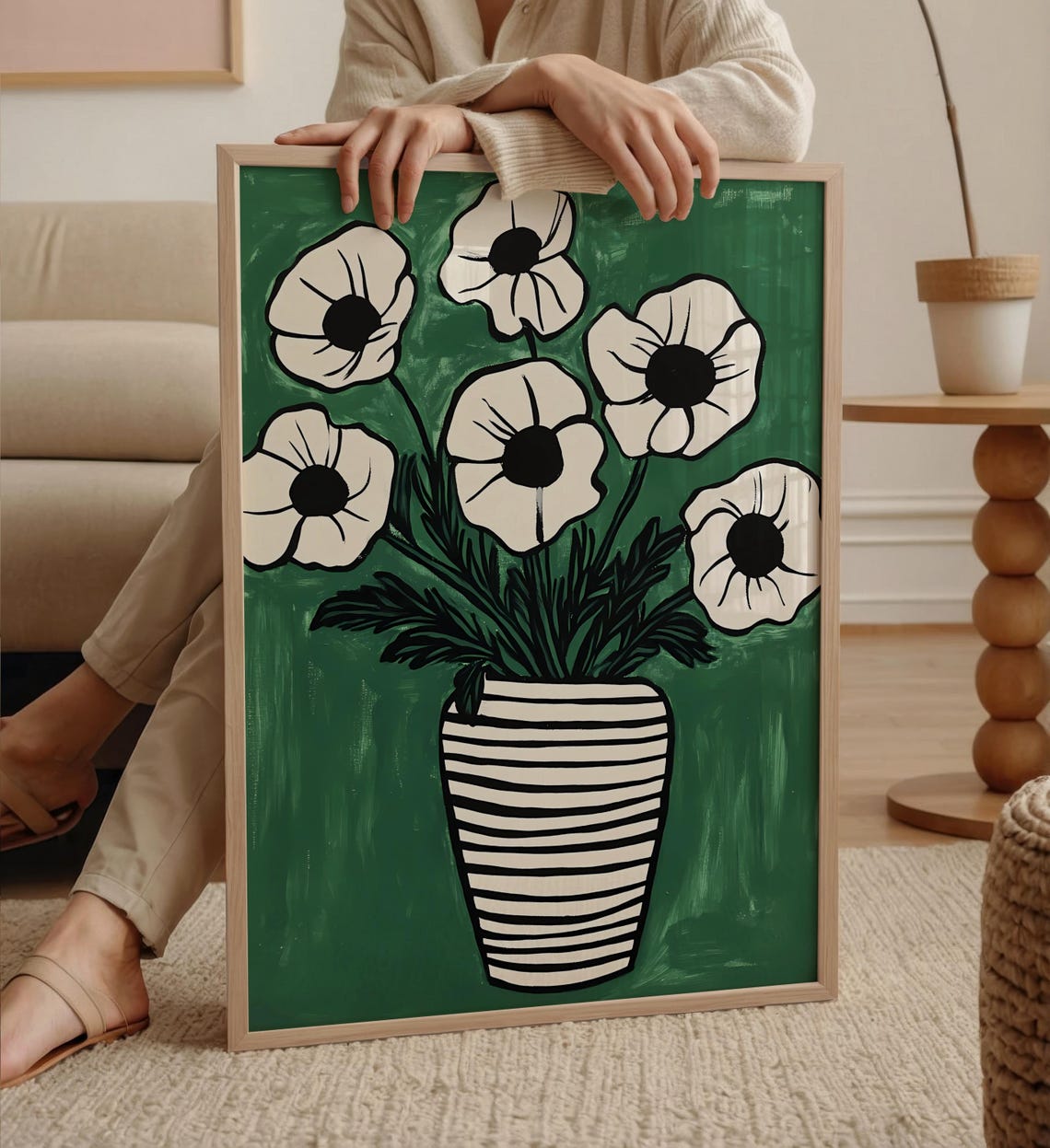 Green Floral Vase Art Print Abstract Botanical Wall Decor Modern Minimalist Flowers Stripe Poster