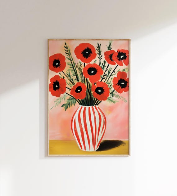 Red Poppies Floral Vase Art Print, Abstract Bold Flowers