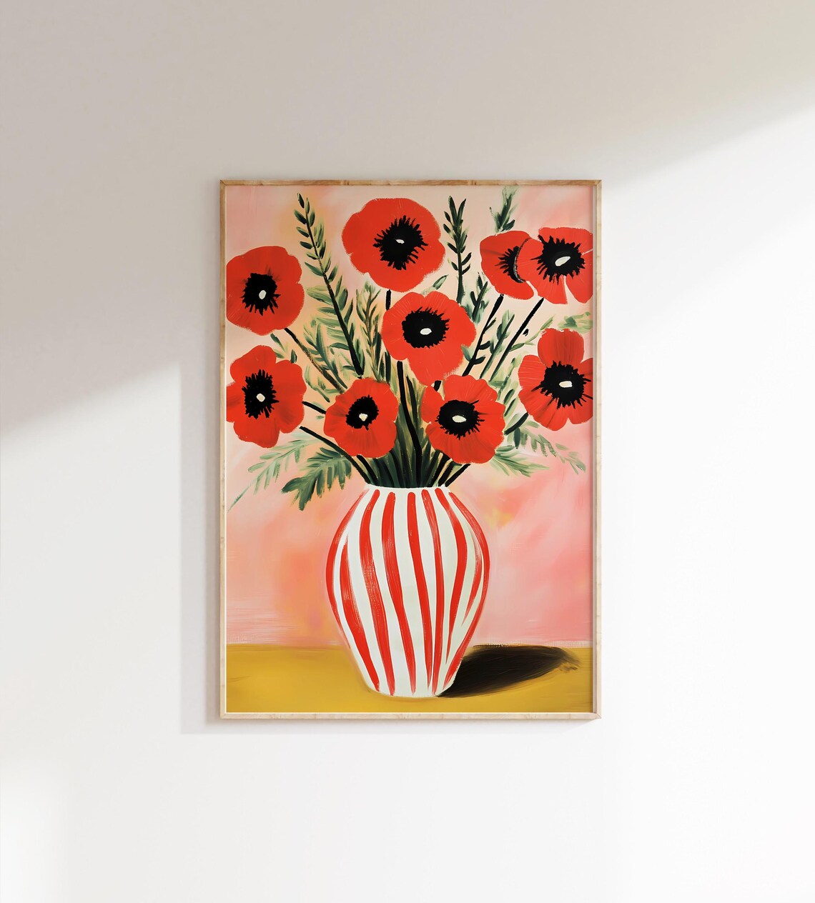 Red Poppies Floral Vase Art Print, Abstract Bold Flowers
