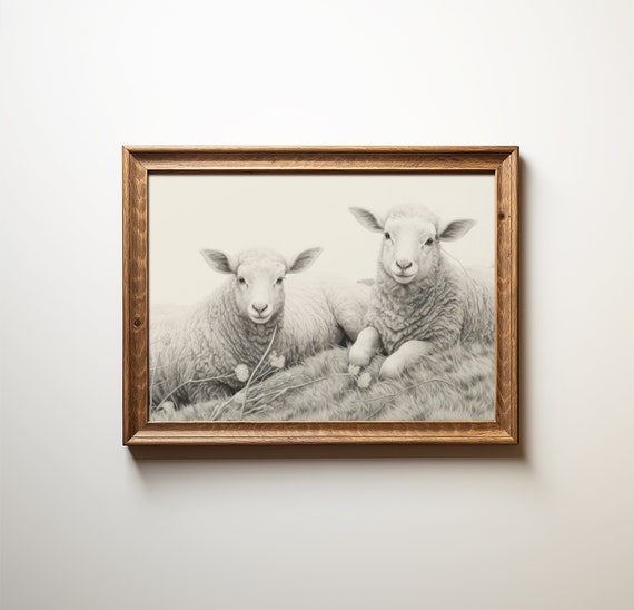 Vintage Gray Sheep Print Farm Lambs Painting Nursery Wall Art